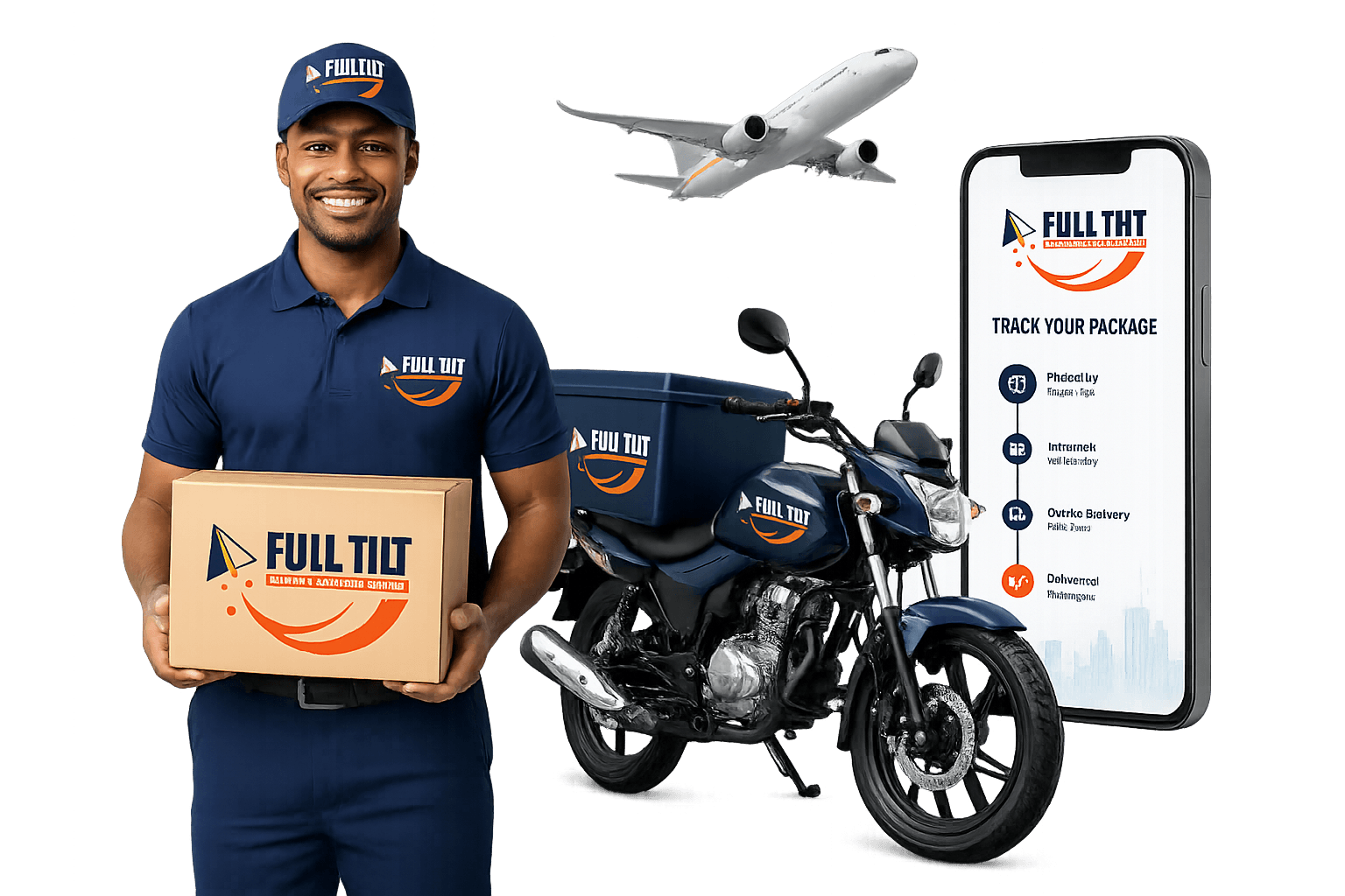 Full Tilt courier with package, delivery bike, airplane, containers, and tracking phone